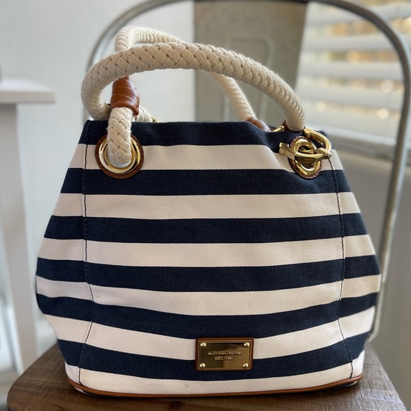 MICHAEL Michael Kors Handbags - MICHAEL KORS Marina Large Navy Blue White Stripe Nautical Anchor Tote Like New